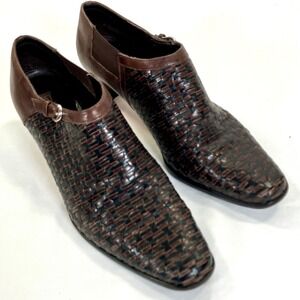 Brighton Turner Woven Leather Ankle Boots Women's 10M Brown Block Heel Buckle